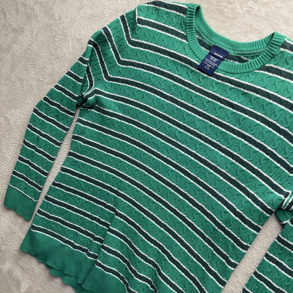 Basic Editions Women XL Long Sleeve Y2K Striped Cable Knit Sweater Preppy Green - Picture 5 of 10
